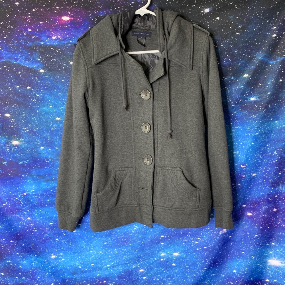 Zenana Outfitters- Gray Button Up Hooded Coat M